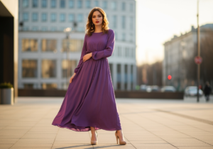 Kobieta w modnym ubraniu w miejskim otoczeniu o złotym świetle zachodzącego słońca