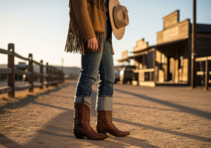 kobieta w stroju kowbojskim spaceruje jesienią ulicą miasta