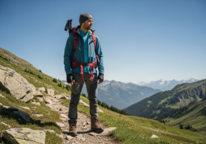 Wędrowiec na szlaku w górach otoczony naturalnym krajobrazem podczas podróży