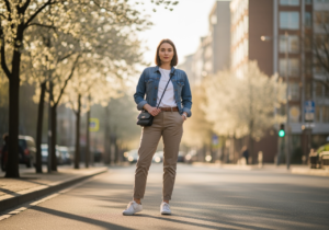 kobieta spacerująca wiosną po mieście w codziennej stylizacji