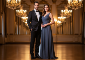 Mężczyzna i kobieta w strojach balowych podczas eleganckiego wydarzenia