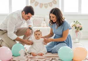 Rodzina świętuje urodziny dziecka z uśmiechami i wspólną radością przy stole