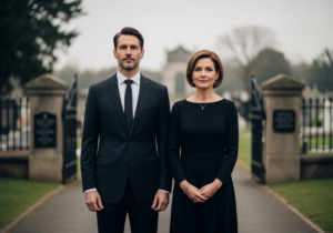 Ceremonia pogrzebowa w ciszy i skupieniu uczestników, wyrażająca szacunek dla zmarłego