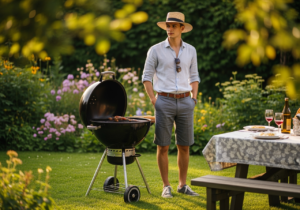 Młody mężczyzna grilluje w ogrodzie przy grillu ogrodowym na świeżym powietrzu.