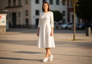 Kobieta w białej sukience i butach stoi na tle rozmytego miejskiego krajobrazu.