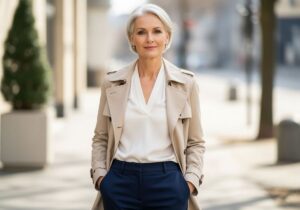 Elegancka kobieta po pięćdziesiątce w beżowym trenczu i granatowych spodniach na tle miejskim.