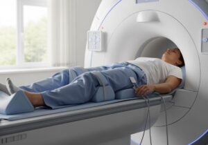 Pacjent leżący na stole do rezonansu kolana w jasnym, nowoczesnym sali szpitalnej przed badaniem MRI