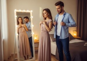 Para przygotowująca się do pierwszej randki w ciepłym, przytulnym wnętrzu sypialni przed lustrem