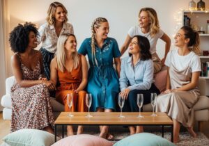 Grupa młodych kobiet na wieczorze panieńskim w casualowych stylizacjach w przytulnym salonie