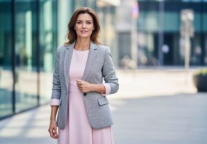 Kobieta w różowej sukience i marynarce stoi w nowoczesnej miejskiej przestrzeni na pełnej postaci.
