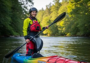 Osoba w stroju do kajakarstwa stoi przy kajaku na rzece otoczonej zielonymi drzewami, trzymając wiosło.