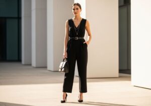 Kobieta w czarnym kombinezonie stoi pewnie na tle nowoczesnej architektury w miejskim otoczeniu.