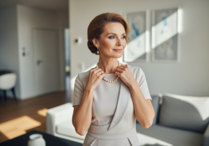 Kobieta w eleganckiej stylizacji z perłami na tle stylowego wnętrza
