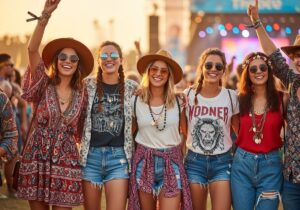 Grupa młodych osób na letnim festiwalu muzycznym w modnych, luźnych strojach o zmierzchowej porze