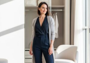 Kobieta w nowoczesnym pokoju, ubrana w stylizację podkreślającą sylwetkę, stoi w swobodnej pozie.