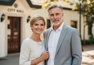 Para w eleganckich strojach ślubnych stoi przed urzędem miasta, uśmiechając się na zewnątrz.