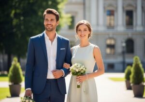 Elegancka para na ślubie cywilnym przed urzędem miasta, uśmiechnięci, trzymają bukieciki.