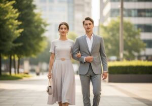 Młoda para w półformalnych strojach spaceruje razem w miejskim otoczeniu przy naturalnym świetle.