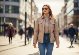 Młoda kobieta w beżowej pikowanej kurtce spaceruje ulicą miasta w jesiennym świetle.