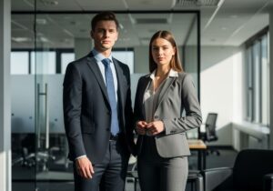 Młody mężczyzna i kobieta w formalnym stroju stojący pewnie w nowoczesnym biurze przy naturalnym świetle