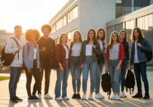 Grupa uśmiechniętych nastoletnich uczniów w casualowych ubraniach stojących na zewnątrz przy szkole