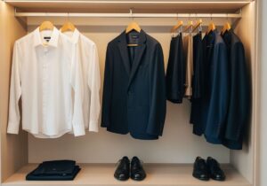 Klasyczna garderoba z uporządkowanymi ubraniami i eleganckim drewnianym wieszakiem w minimalistycznym wnętrzu