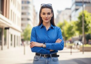 Młoda kobieta w niebieskiej koszuli stoi pewnie na ulicy w miejskim otoczeniu w naturalnym świetle.