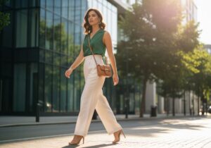 Młoda kobieta w szerokich spodniach i bluzce idzie ulicą w miejskim otoczeniu na tle zieleni i budynków