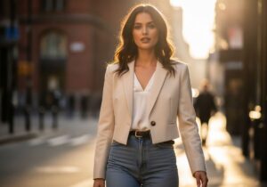 Młoda kobieta w krótkim blezerze, bluzce i dżinsach stoi pewnie na miejskiej ulicy w naturalnym świetle.