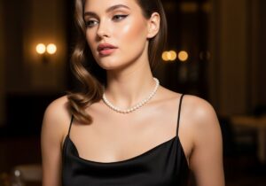 Kobieta w czarnej sukience i perłowym naszyjniku na rozmytym, luksusowym tle