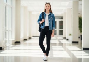 Nastolatka uśmiechnięta w jasnym szkolnym korytarzu, ubrana w kurtkę jeansową i czarne spodnie skinny.