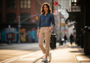 Młoda kobieta w koszuli jeansowej, beżowych chinosach i białych tenisówkach na miejskiej ulicy