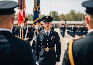 Młody żołnierz w mundurze podczas uroczystości przysięgi wojskowej na placu defilad.