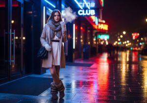 Młoda kobieta w zimowym płaszczu stoi przed wejściem do klubu nocnego w miejskiej scenerii nocą.