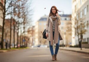 Młoda kobieta w lekkim płaszczu i szaliku stoi na miejskiej ulicy jesienią lub wczesną wiosną.