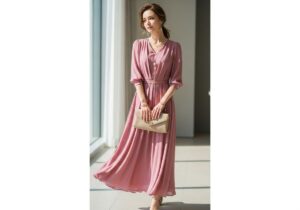 Kobieta w różowej sukni z delikatną biżuterią i beżową kopertówką w nowoczesnym wnętrzu.