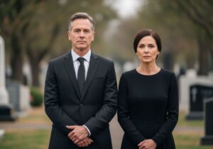 Mężczyzna i kobieta w czarnych strojach stoją na cmentarzu podczas ceremonii pogrzebowej.