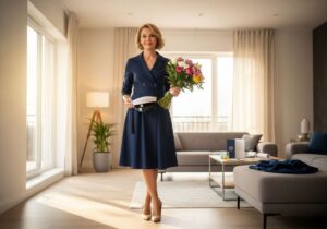 Elegancka kobieta w granatowej sukience z czapką i bukietem w jasnym salonie przed ceremonią ukończenia studiów