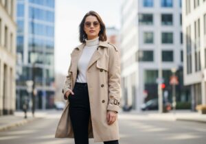 Młoda kobieta w beżowym trenczu, białym golfie i czarnych spodniach na tle miejskiej ulicy.