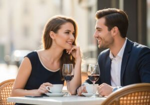 Młoda para na pierwszej randce siedzi przy stoliku w kawiarni na świeżym powietrzu, patrząc sobie w oczy.