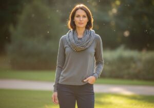 Stylowa kobieta w casualowej eleganckiej stylizacji na tle parku, w naturalnym świetle, bez dodatkowych elementów.