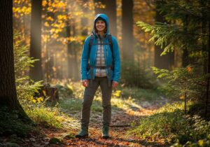 Osoba w warstwowej odzieży turystycznej stoi w lesie z plecakiem, wśród zmieniających się pór roku.