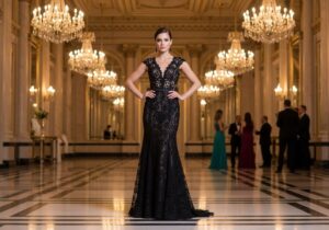 Elegancka kobieta w czarnej wieczorowej sukni stoi w luksusowej sali z kryształowymi żyrandolami.