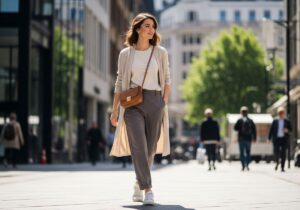 Młoda kobieta w casualowym stroju spaceruje pewnie ulicą miasta w jasnym świetle dziennym