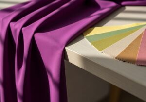 Fioletowa tkanina obok próbek pastelowych żółci, zieleni i ciepłych neutralnych kolorów na drewnianym stole.
