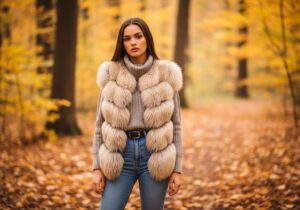 Młoda kobieta w futrzanej kamizelce i swetrze stoi w jesiennym lesie na tle złotych liści.