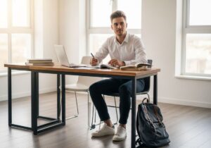 Student w jasnym pokoju, siedzi przy biurku z notatkami i laptopem, przygotowując się do egzaminu.