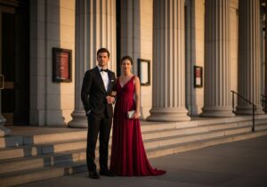 Para w eleganckich strojach stoi przed wejściem do klasycznej sali koncertowej wieczorem