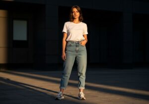 Młoda kobieta w jasnych jeansach i białym t-shircie w miejskiej scenerii podczas złotej godziny