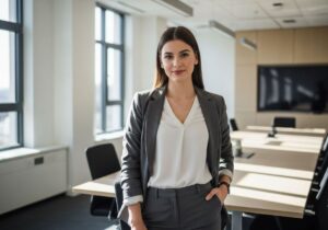 Młoda profesjonalistka w nowoczesnej sali konferencyjnej w stylu smart casual, naturalne światło dzienne.